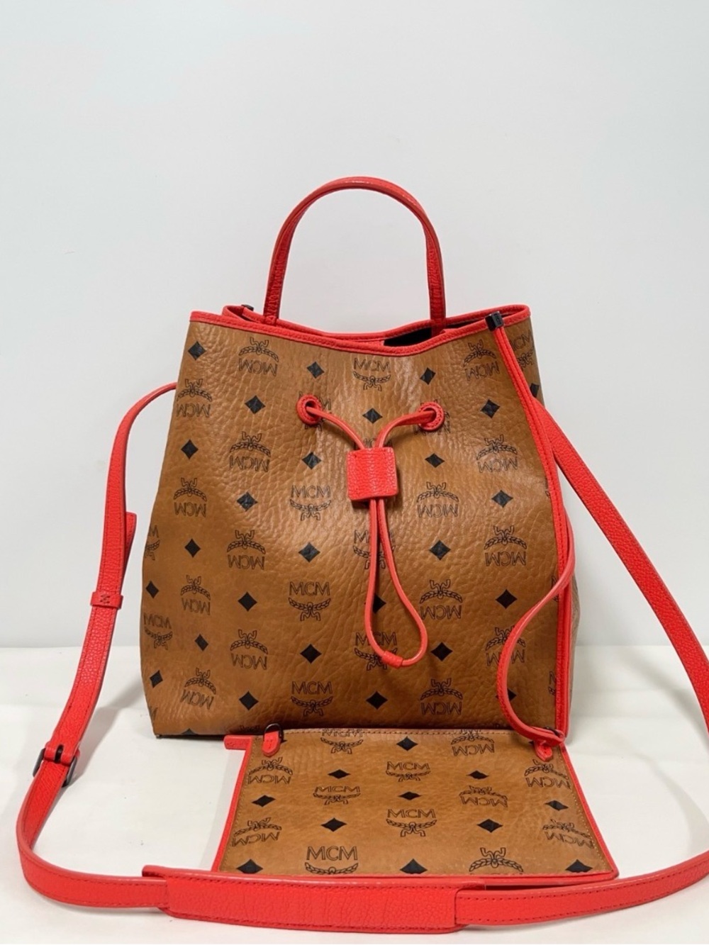 MCM Cognac Visetos Bucket Bag with Red Trim